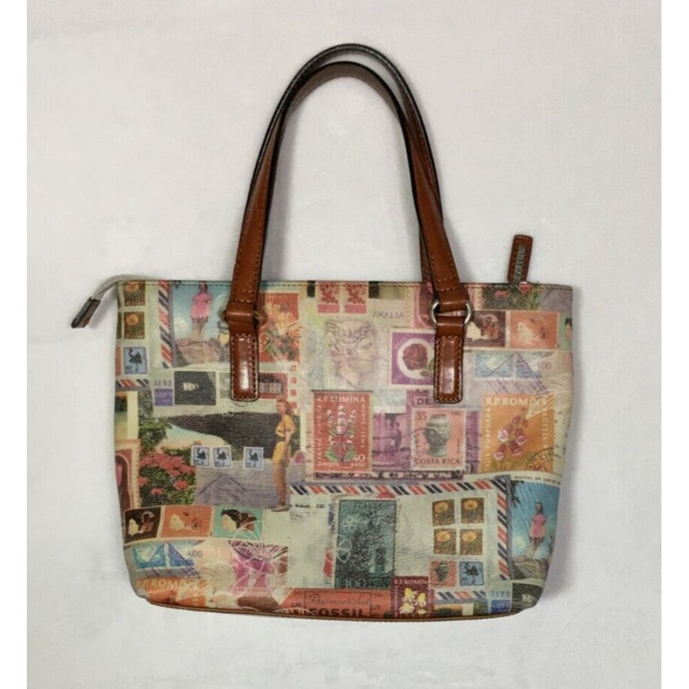 Fossil Leather Handbag Coronado Vintage Stamps Print Satchel NO SHOULDER STRAP - Picture 2 of 16